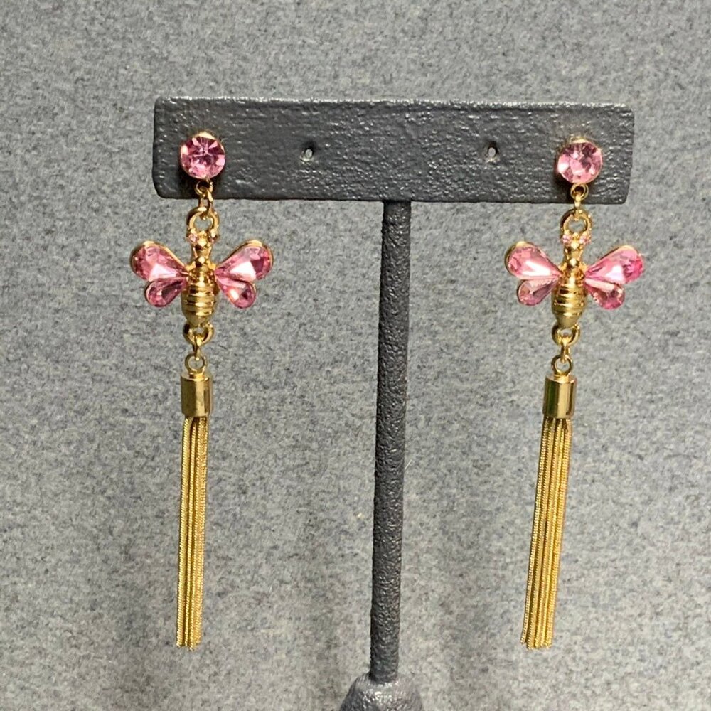Mary Kay Pierced Earrings Bee Bumblebee Pink Gold Tassel Fringe YOU CAN DO IT